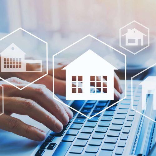 buy house, real estate concept, different offers of property online, hands typing on computer as background